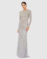 Two Tone Beaded High Neck Long Sleeve Gown